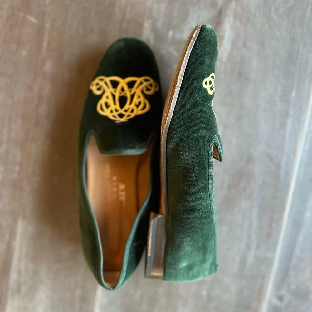 Stubbs & Wootton for J.Crew Classic Velvet Smoking Slippers Loafers Green Sz 6.5 - Picture 6 of 8